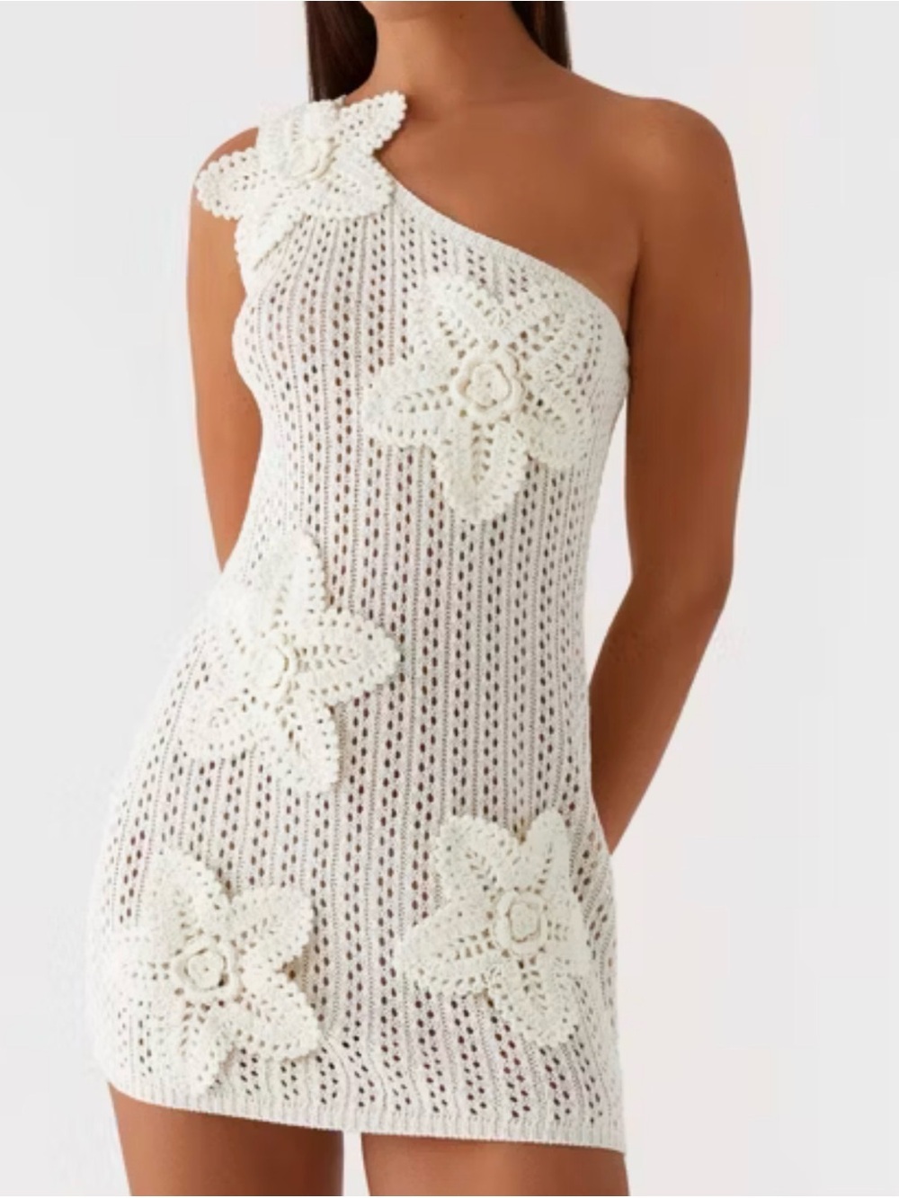 Peppermayo White One-Shoulder Crochet Floral Mini Dress